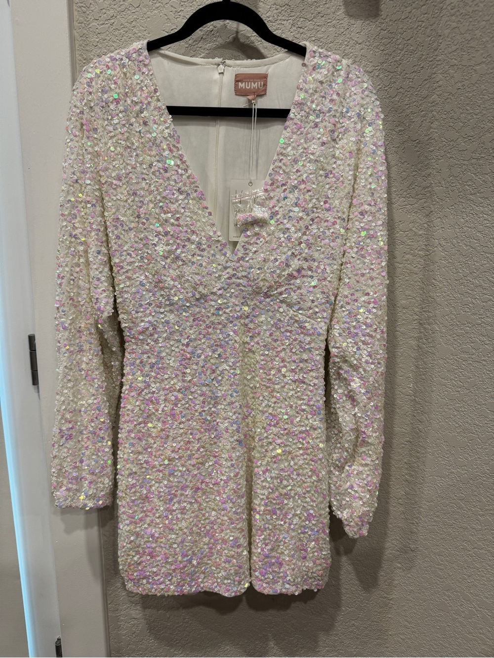 SHOW ME YOUR MUMU Sequin Long Sleeve Mini Dress, NWT - White/Pastel, sz L